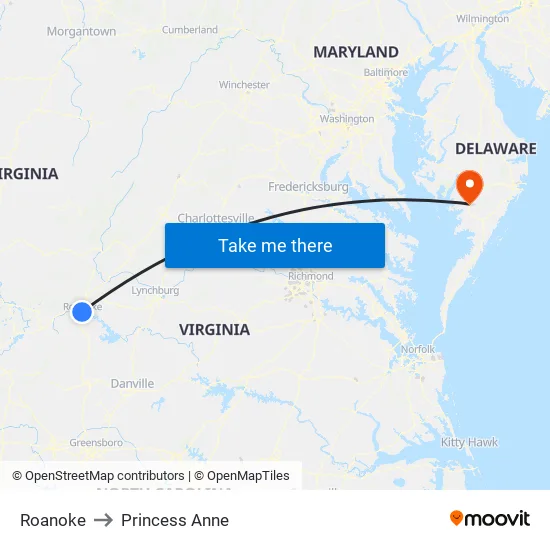 Roanoke to Princess Anne map