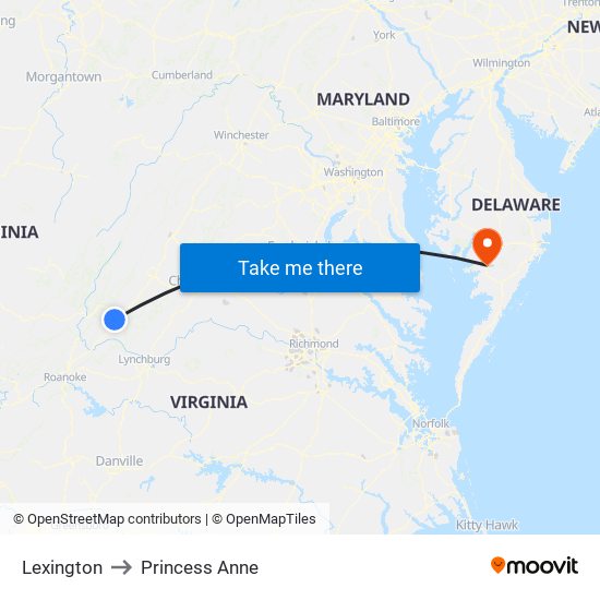 Lexington to Princess Anne map