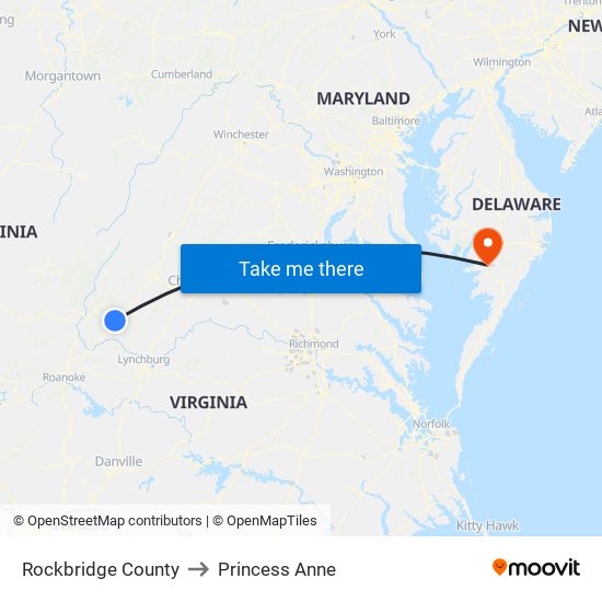 Rockbridge County to Princess Anne map