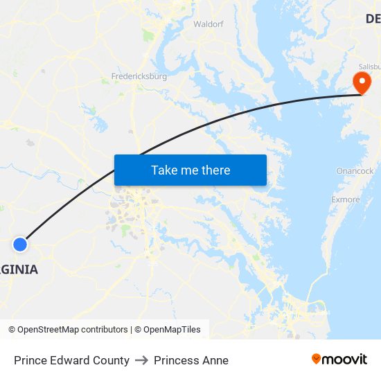 Prince Edward County to Princess Anne map