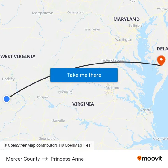 Mercer County to Princess Anne map