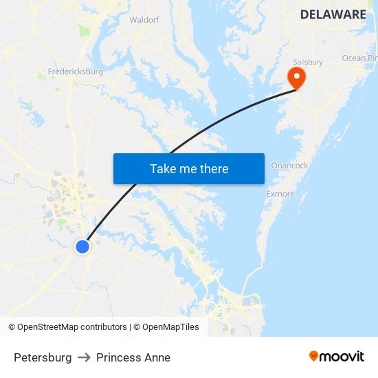 Petersburg to Princess Anne map