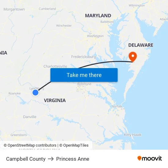 Campbell County to Princess Anne map