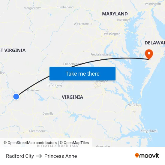Radford City to Princess Anne map
