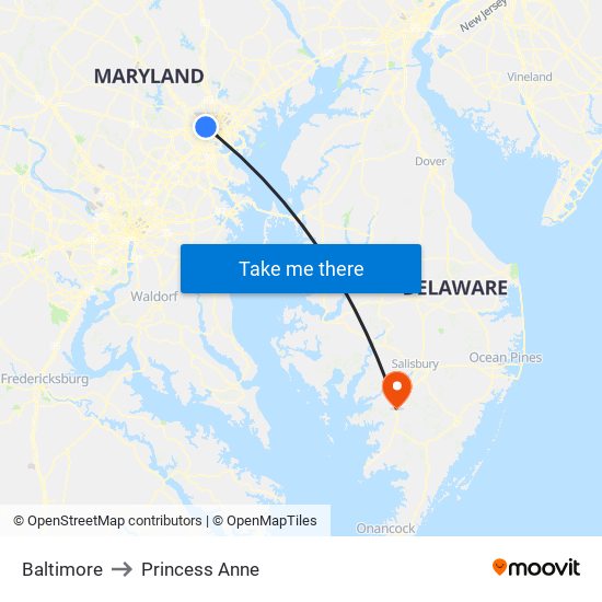 Baltimore to Princess Anne map