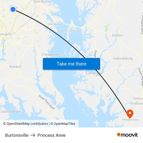 Burtonsville to Princess Anne map