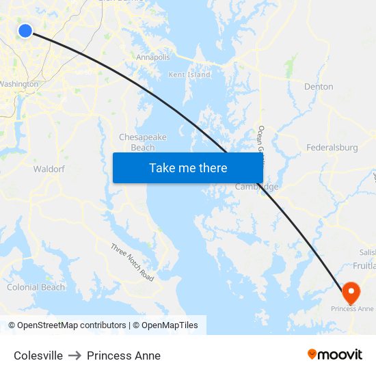 Colesville to Princess Anne map