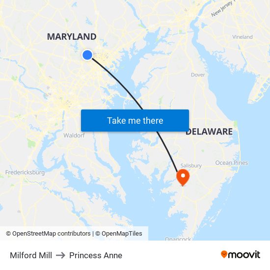 Milford Mill to Princess Anne map