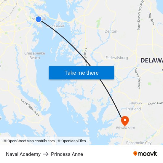 Naval Academy to Princess Anne map