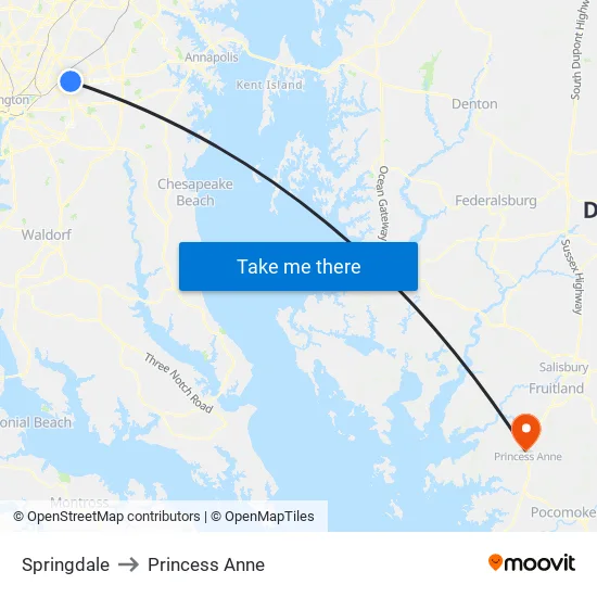 Springdale to Princess Anne map