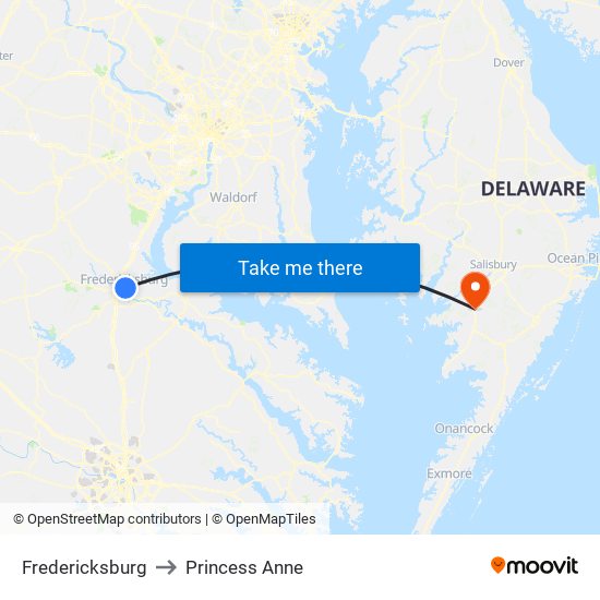 Fredericksburg to Princess Anne map