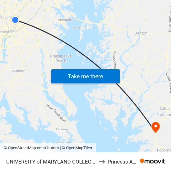 UNIVERSITY of MARYLAND COLLEGE PARK to Princess Anne map