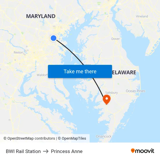 BWI Rail Station to Princess Anne map