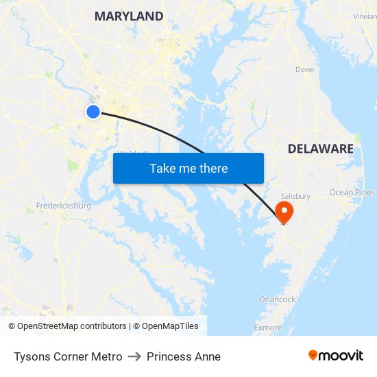 Tysons Corner Metro to Princess Anne map