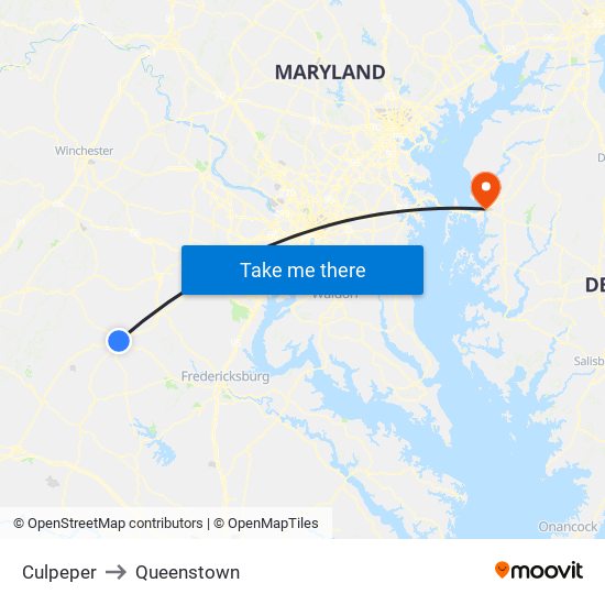 Culpeper to Queenstown map