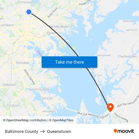 Baltimore County to Queenstown map