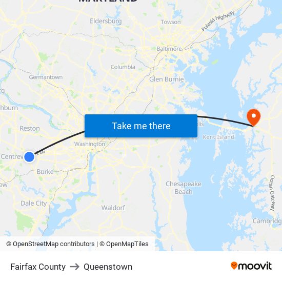 Fairfax County to Queenstown map