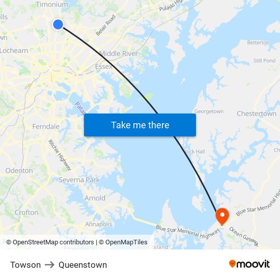 Towson to Queenstown map