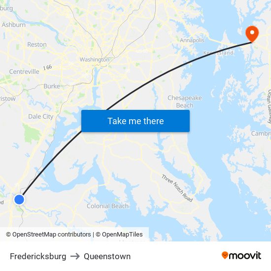 Fredericksburg to Queenstown map