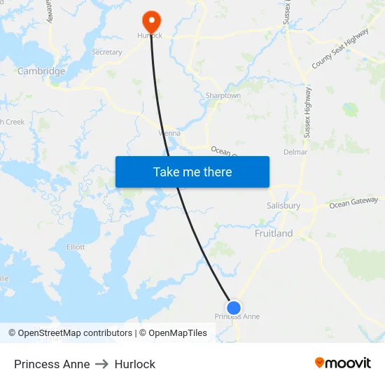 Princess Anne to Hurlock map