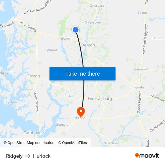 Ridgely to Hurlock map
