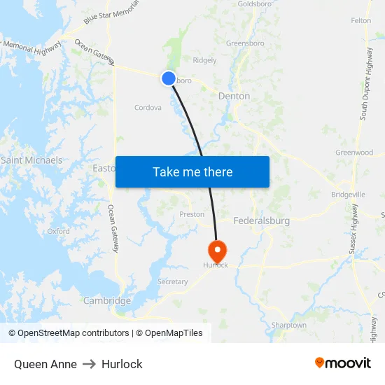 Queen Anne to Hurlock map