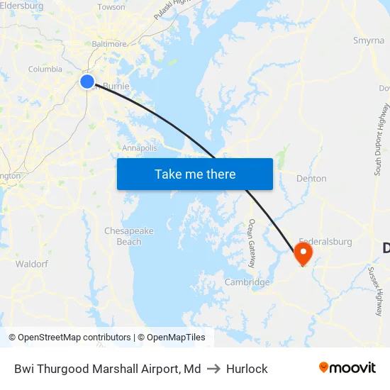 Bwi Thurgood Marshall  Airport, Md to Hurlock map