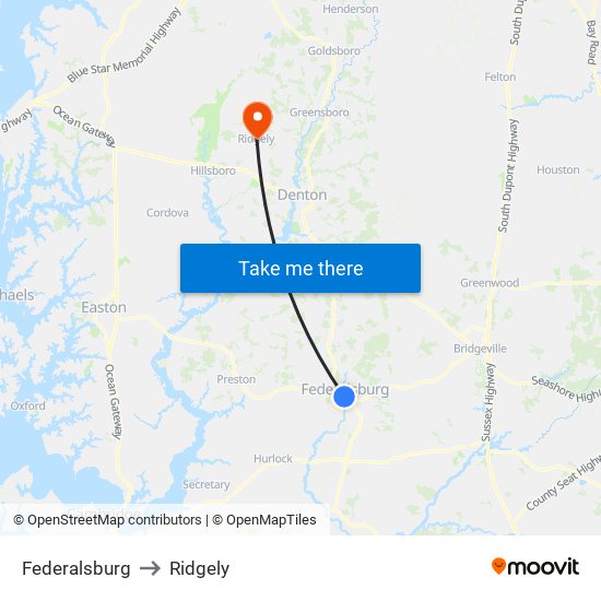 Federalsburg to Ridgely map