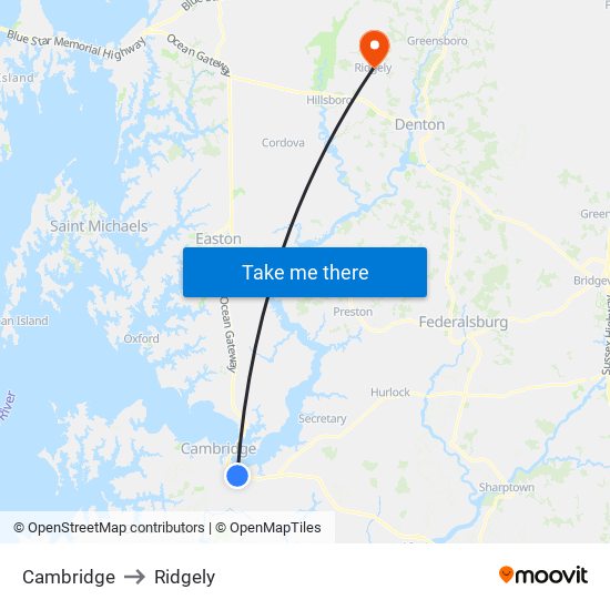 Cambridge to Ridgely map