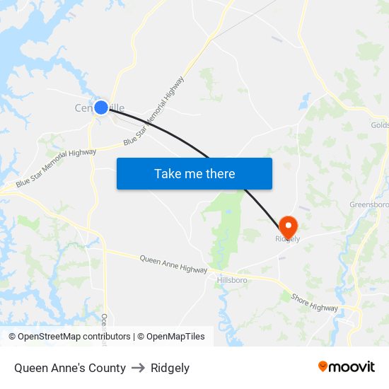 Queen Anne's County to Ridgely map