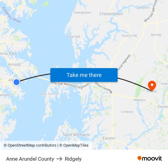 Anne Arundel County to Ridgely map