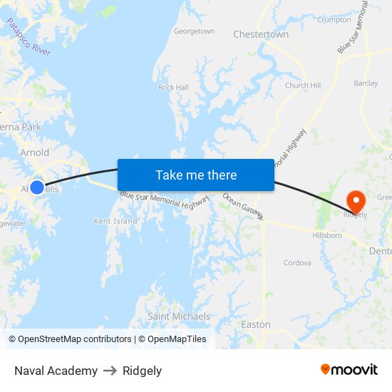 Naval Academy to Ridgely map