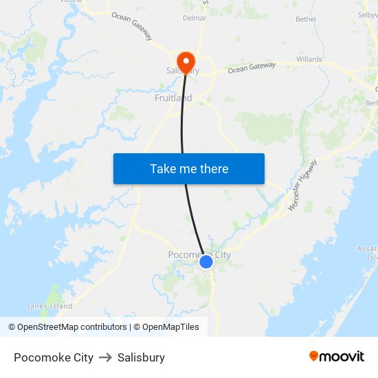 Pocomoke City to Salisbury map