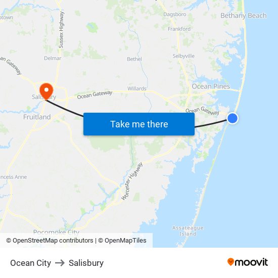 Ocean City to Salisbury map