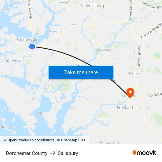 Dorchester County to Salisbury map