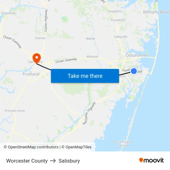 Worcester County to Salisbury map