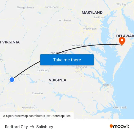 Radford City to Salisbury map