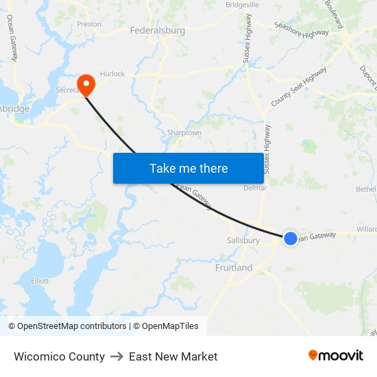 Wicomico County to East New Market map