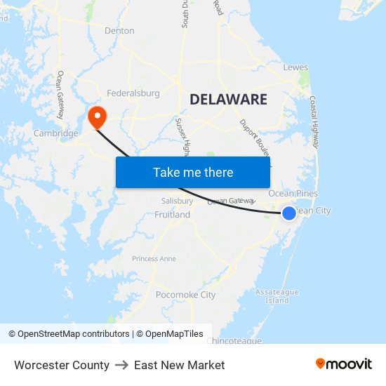 Worcester County to East New Market map