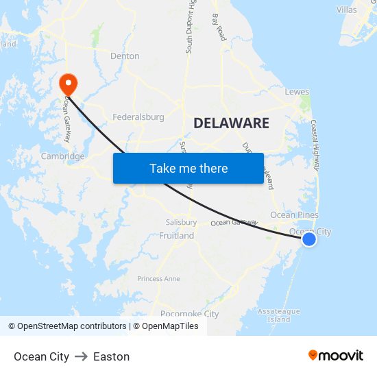 Ocean City to Easton map