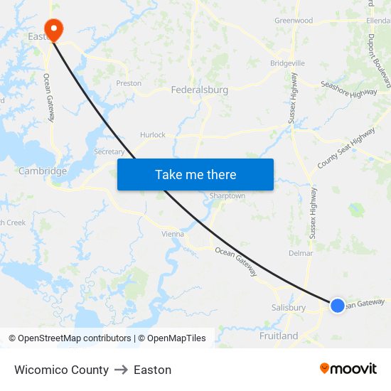 Wicomico County to Easton map