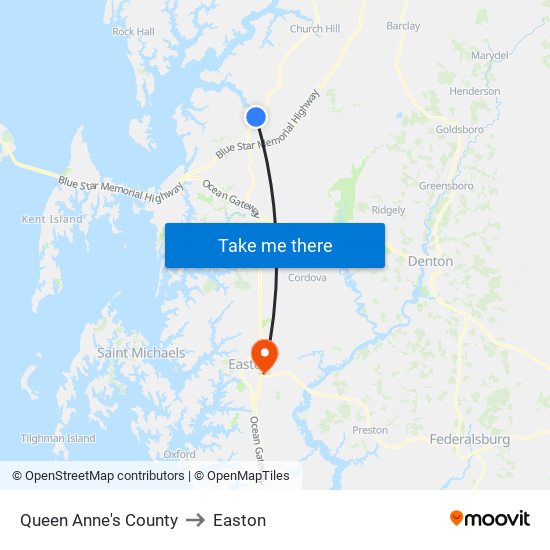 Queen Anne's County to Easton map