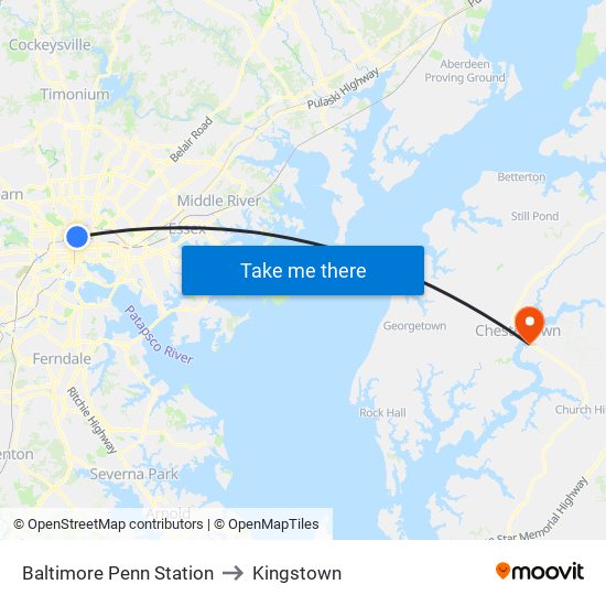 Baltimore Penn Station to Kingstown map