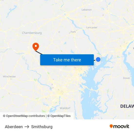 Aberdeen to Smithsburg map