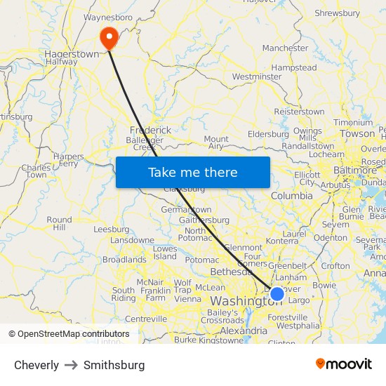 Cheverly to Smithsburg map