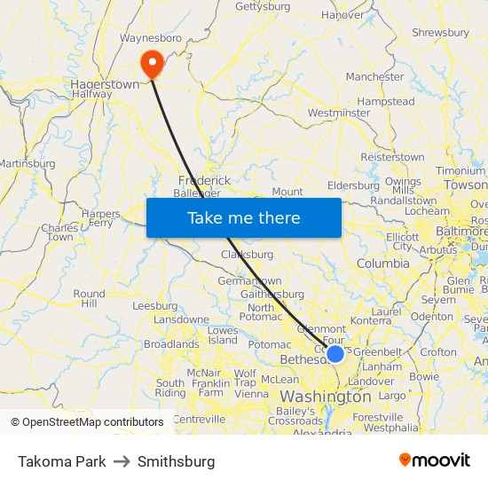 Takoma Park to Smithsburg map