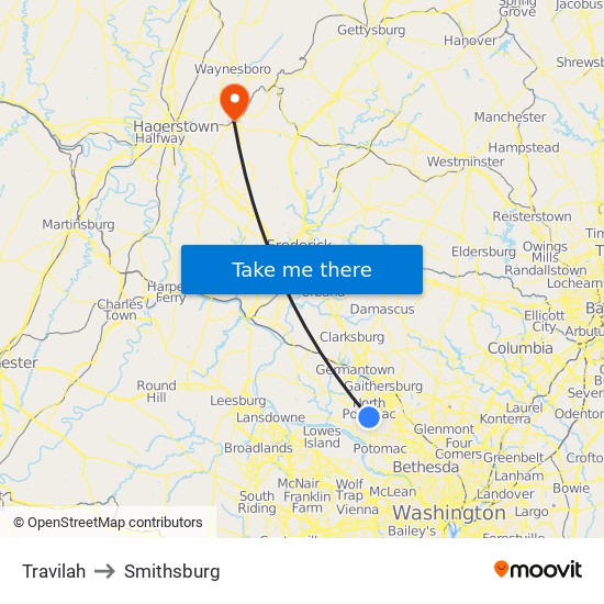 Travilah to Smithsburg map