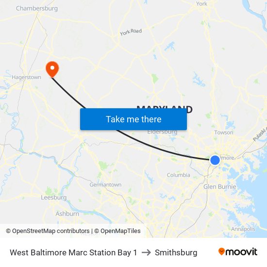 West Baltimore Marc Station Bay 1 to Smithsburg map