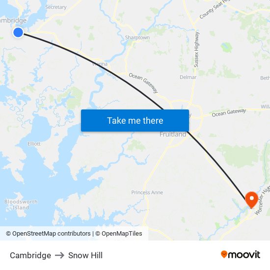 Cambridge to Snow Hill map