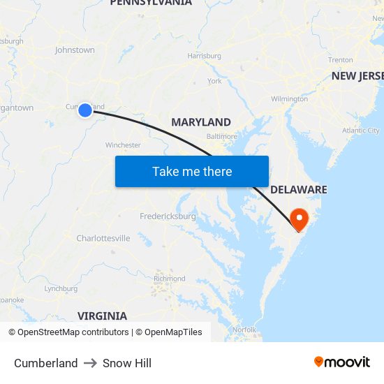 Cumberland to Snow Hill map